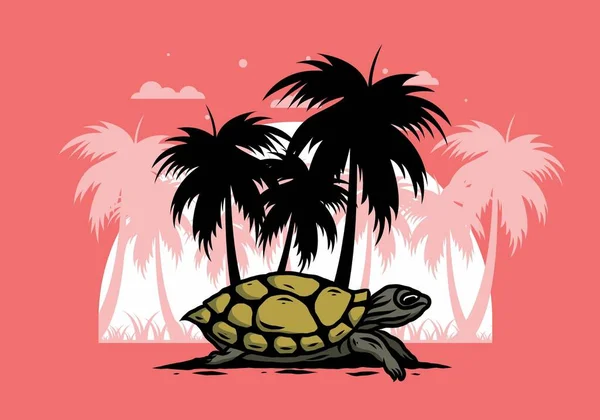 Sea Turtle Coconut Tree Illustration Design — Stock Vector