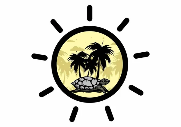 Tortuga Marina Bajo Diseño Ilustración Cocoteros — Vector de stock