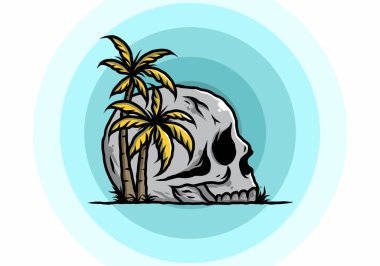 Kafatası iskeleti Hindistan cevizi ağaçlarının altında çizim tasarımı