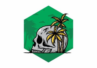 Kafatası iskeleti Hindistan cevizi ağaçlarının altında çizim tasarımı