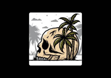 Kafatası iskeleti Hindistan cevizi ağaçlarının altında çizim tasarımı