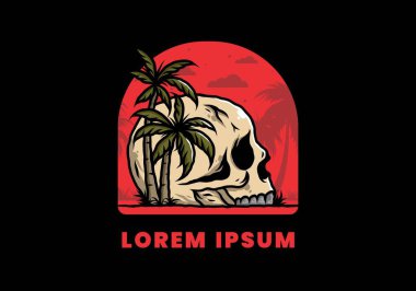 Kafatası iskeleti Hindistan cevizi ağaçlarının altında çizim tasarımı