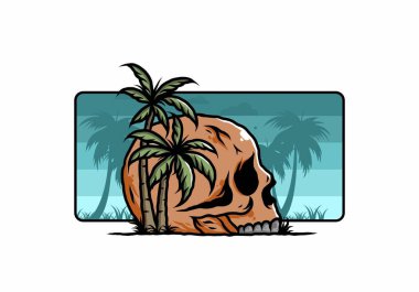 Kafatası iskeleti Hindistan cevizi ağaçlarının altında çizim tasarımı