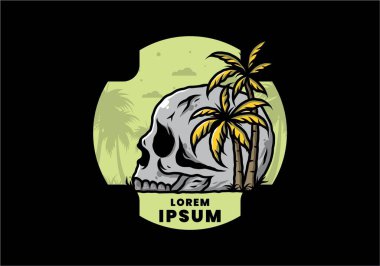 Kafatası iskeleti Hindistan cevizi ağaçlarının altında çizim tasarımı