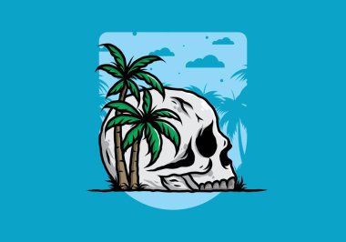 Kafatası iskeleti Hindistan cevizi ağaçlarının altında çizim tasarımı