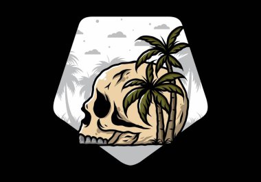 Kafatası iskeleti Hindistan cevizi ağaçlarının altında çizim tasarımı