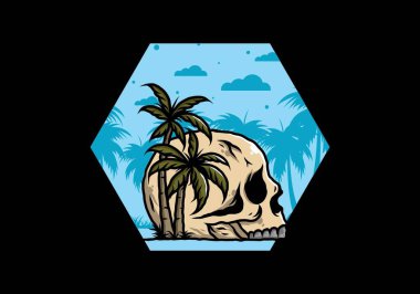 Kafatası iskeleti Hindistan cevizi ağaçlarının altında çizim tasarımı