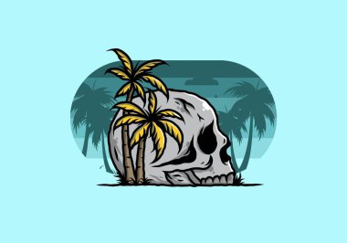 Kafatası iskeleti Hindistan cevizi ağaçlarının altında çizim tasarımı