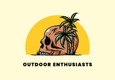 Kafatası iskeleti Hindistan cevizi ağaçlarının altında çizim tasarımı