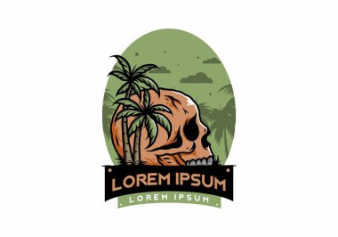 Kafatası iskeleti Hindistan cevizi ağaçlarının altında çizim tasarımı