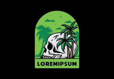 Kafatası iskeleti Hindistan cevizi ağaçlarının altında çizim tasarımı