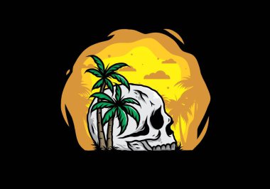 Kafatası iskeleti Hindistan cevizi ağaçlarının altında çizim tasarımı