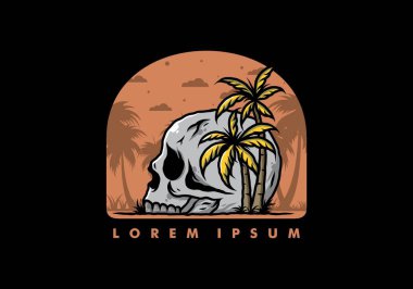 Kafatası iskeleti Hindistan cevizi ağaçlarının altında çizim tasarımı