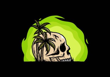 Kafatası iskeleti Hindistan cevizi ağaçlarının altında çizim tasarımı