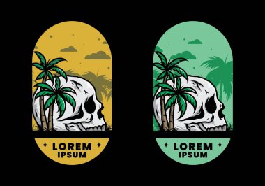 Kafatası iskeleti Hindistan cevizi ağaçlarının altında çizim tasarımı