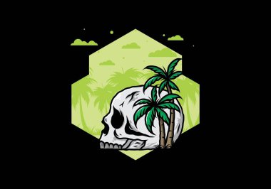 Kafatası iskeleti Hindistan cevizi ağaçlarının altında çizim tasarımı