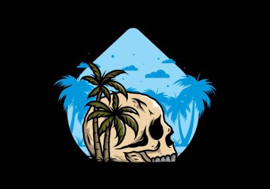 Kafatası iskeleti Hindistan cevizi ağaçlarının altında çizim tasarımı