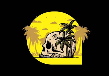 Kafatası iskeleti Hindistan cevizi ağaçlarının altında çizim tasarımı