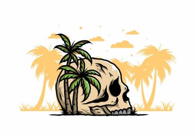 Kafatası iskeleti Hindistan cevizi ağaçlarının altında çizim tasarımı