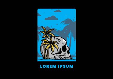 Kafatası iskeleti Hindistan cevizi ağaçlarının altında çizim tasarımı