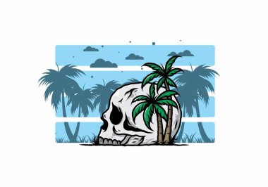 Kafatası iskeleti Hindistan cevizi ağaçlarının altında çizim tasarımı