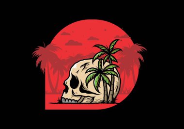 Kafatası iskeleti Hindistan cevizi ağaçlarının altında çizim tasarımı