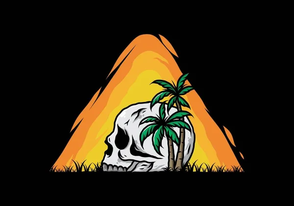 Schedel Skelet Hoofd Onder Kokosbomen Illustratie Ontwerp — Stockvector