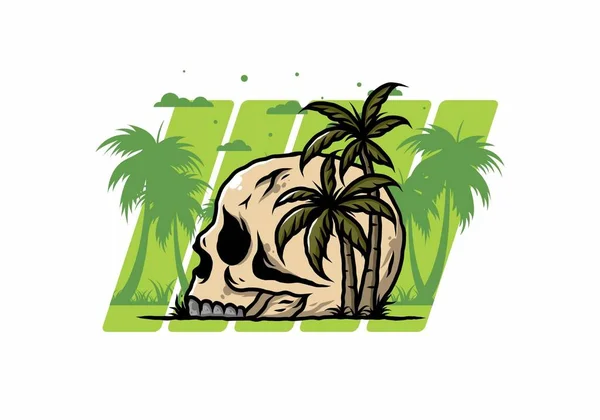 ココナッツの木の下の頭蓋骨の骨格の頭のイラストデザイン — ストックベクタ