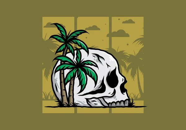 Cabeza Del Esqueleto Del Cráneo Bajo Cocoteros Diseño Ilustración — Vector de stock
