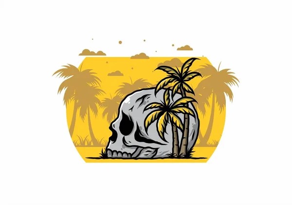 ココナッツの木の下の頭蓋骨の骨格の頭のイラストデザイン — ストックベクタ
