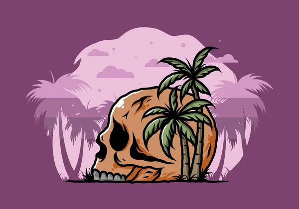 Schedel Skelet Hoofd Onder Kokosbomen Illustratie Ontwerp — Stockvector