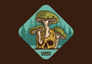 İnsan kafatasında yetişen mantar tasarımı vintage renklerde