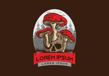 İnsan kafatasında yetişen mantar tasarımı vintage renklerde