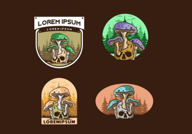 İnsan kafatasında yetişen mantar tasarımı vintage renklerde