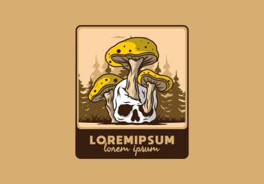 İnsan kafatasında yetişen mantar tasarımı vintage renklerde