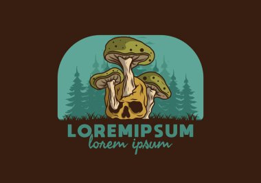 İnsan kafatasında yetişen mantar tasarımı vintage renklerde