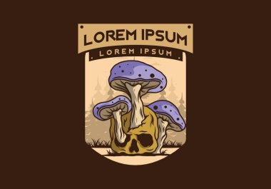 İnsan kafatasında yetişen mantar tasarımı vintage renklerde