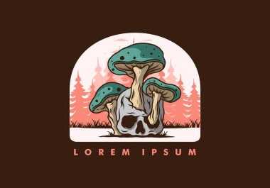 İnsan kafatasında yetişen mantar tasarımı vintage renklerde