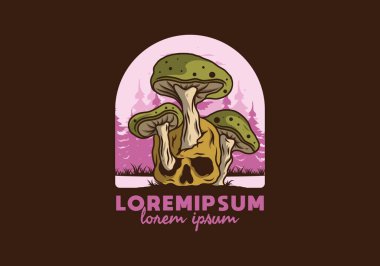 İnsan kafatasında yetişen mantar tasarımı vintage renklerde