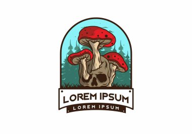 İnsan kafatasında yetişen mantar tasarımı vintage renklerde