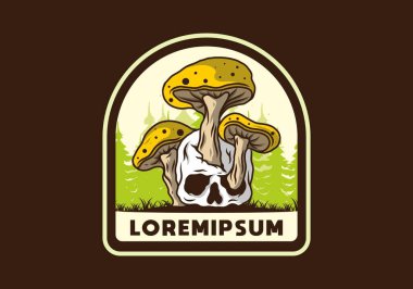 İnsan kafatasında yetişen mantar tasarımı vintage renklerde