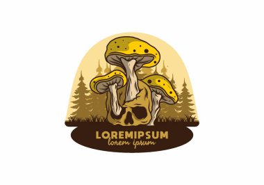 İnsan kafatasında yetişen mantar tasarımı vintage renklerde