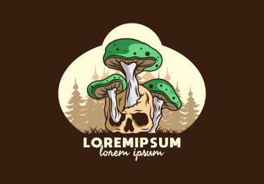 İnsan kafatasında yetişen mantar tasarımı vintage renklerde