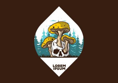 İnsan kafatasında yetişen mantar tasarımı vintage renklerde