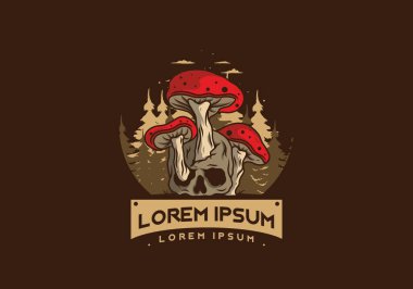 İnsan kafatasında yetişen mantar tasarımı vintage renklerde