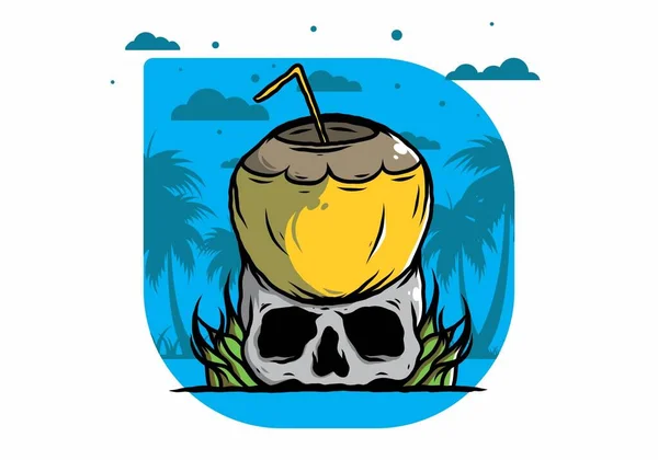 Coconut Drink Human Skull Illustration Design — Stock Vector