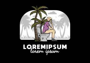 İskelet adam açık havada tuvalet çizimi tasarımı üzerine oturur.