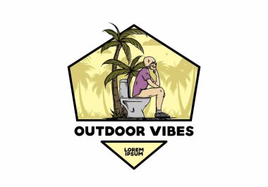 İskelet adam açık havada tuvalet çizimi tasarımı üzerine oturur.