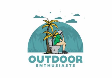 İskelet adam açık havada tuvalet çizimi tasarımı üzerine oturur.