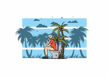 İskelet adam açık havada tuvalet çizimi tasarımı üzerine oturur.